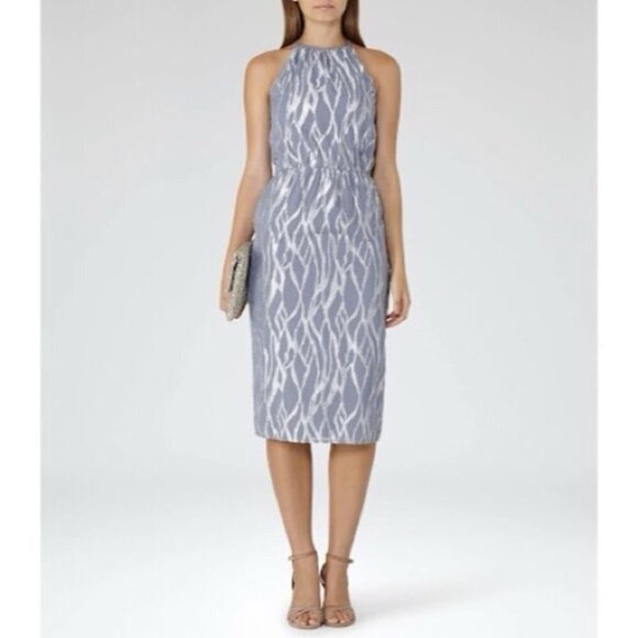 Reiss Cass Grey Blue with Silver Metallic Burnout High Neck Midi  Dress Size 2 - Picture 1 of 10
